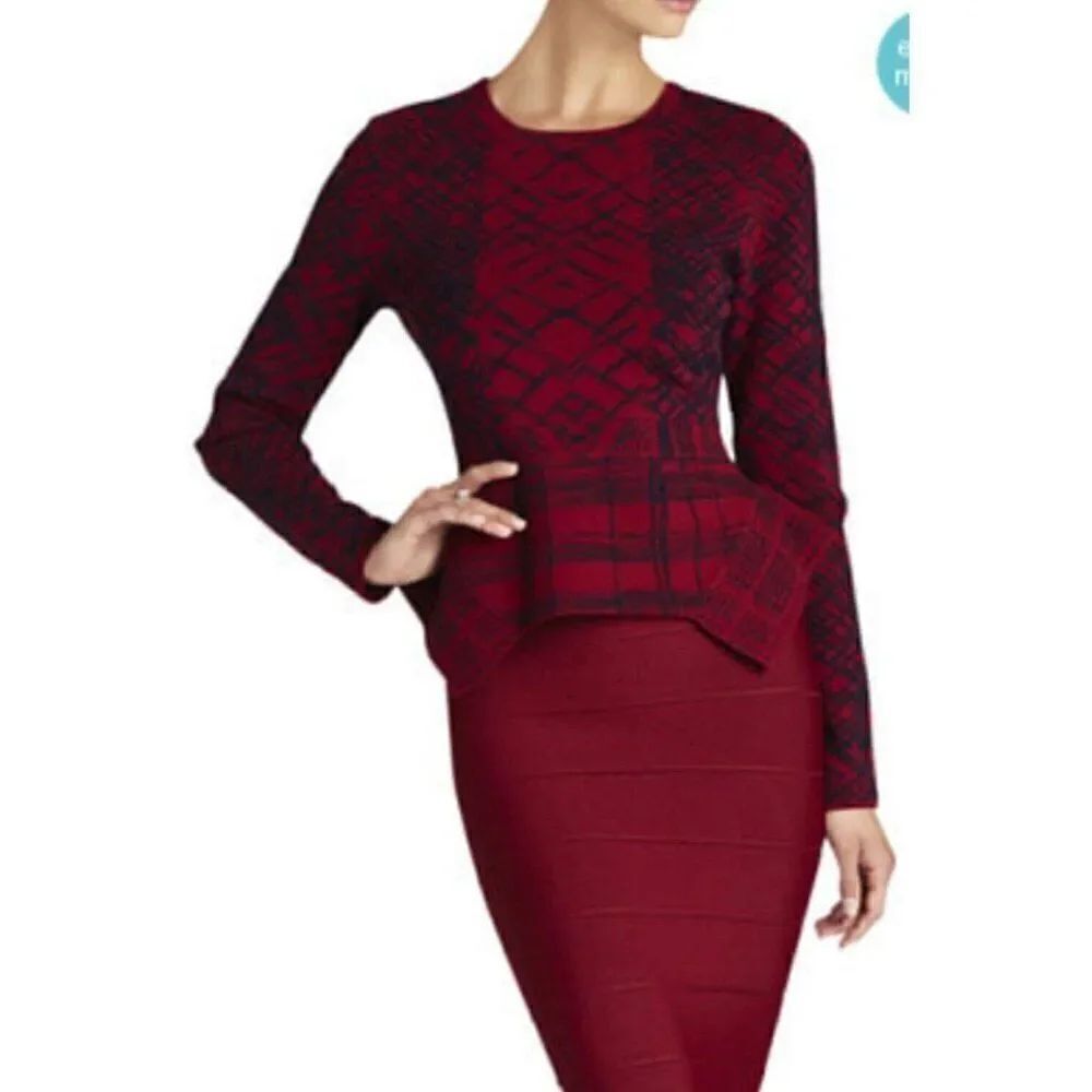 Bcbg Maxazria Red Blue Elizabetta Long Sleeve Sweater Top Xs